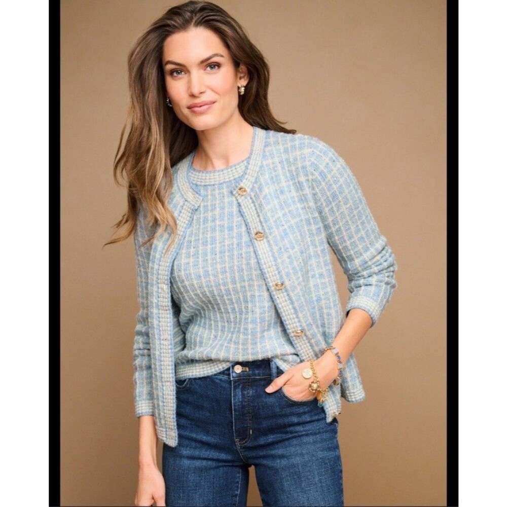Talbots Cardigan Sweater Jacket S Blue Plaid Sequin Metallic Gold Button Preppy